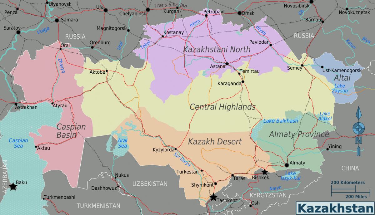 નકશો કઝાકિસ્તાન વિસ્તારો